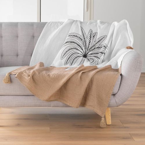 Plaid Imprimé En Gaze De Coton "oasia" 125x150cm Blanc et Camel