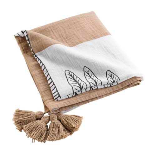 Plaid Imprimé En Gaze De Coton "oasia" 125x150cm Blanc et Camel