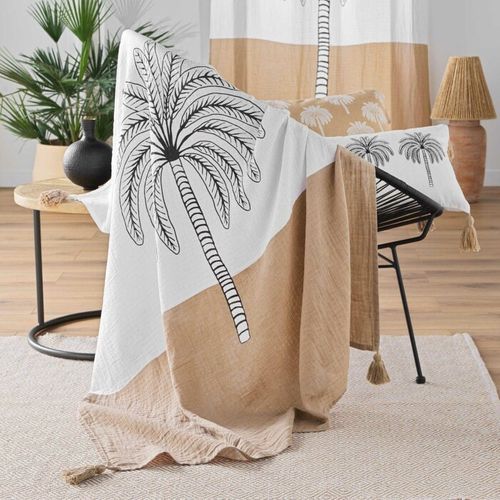 Plaid Imprimé En Gaze De Coton "oasia" 125x150cm Blanc et Camel