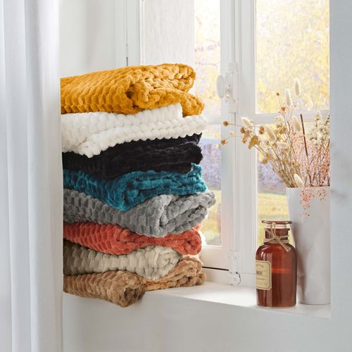 Plaid 125 X 150 Cm – Flanelle Relief Unie Mini Frosty Ocre