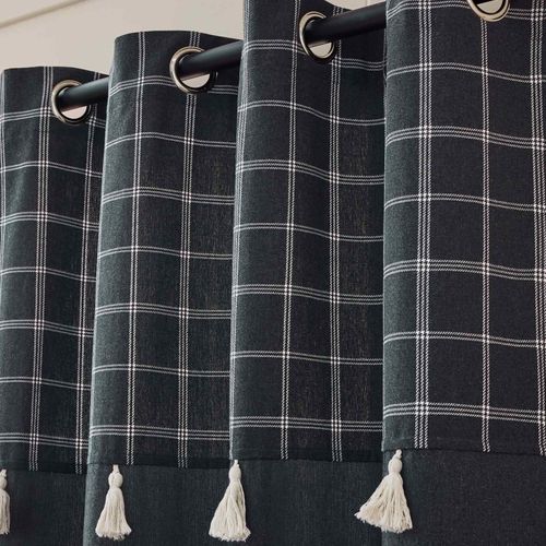 Rideau à Oeillets Avec Haut à Carreaux Et Pompons En Polycoton - 140x240 Cm - Gris Anthracite