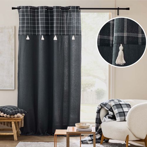 Rideau à Oeillets Avec Haut à Carreaux Et Pompons En Polycoton - 140x240 Cm - Gris Anthracite