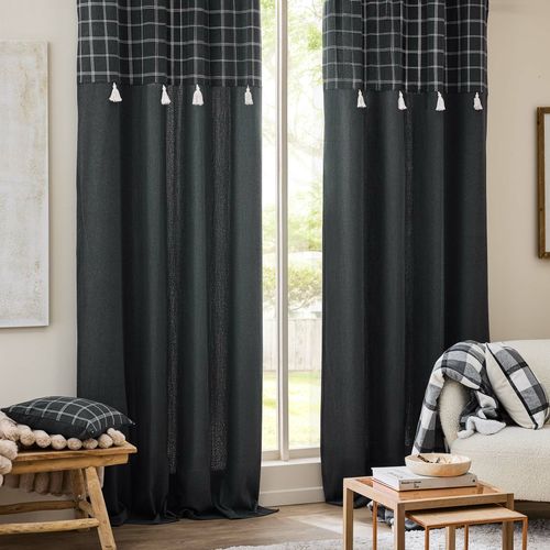 Rideau à Oeillets Avec Haut à Carreaux Et Pompons En Polycoton - 140x240 Cm - Gris Anthracite