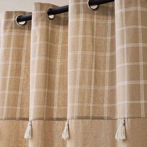 Rideau à Oeillets Avec Haut à Carreaux Et Pompons En Polycoton - 140x240 Cm - Sable