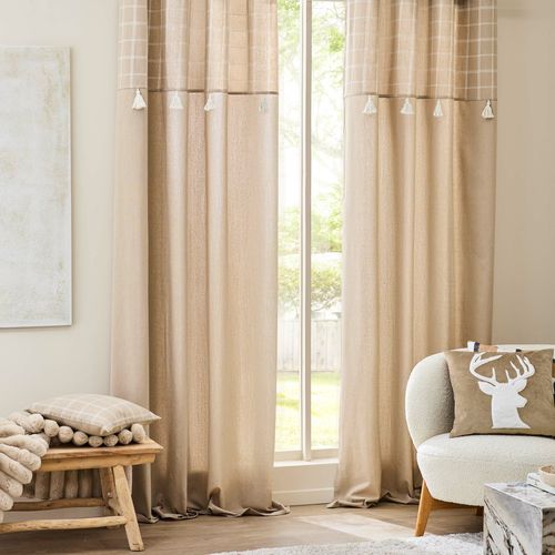 Rideau à Oeillets Avec Haut à Carreaux Et Pompons En Polycoton - 140x240 Cm - Sable