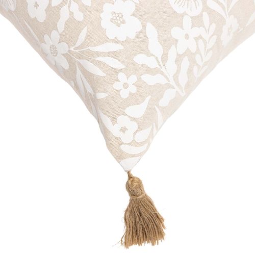 Coussin Polycoton Imprimé Floral à Pompons - 45x45 Cm - Naturel