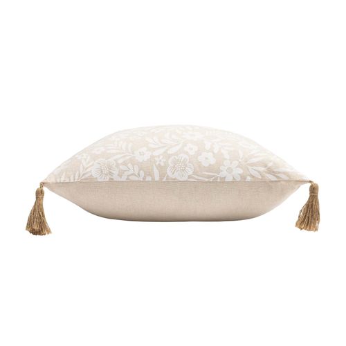 Coussin Polycoton Imprimé Floral à Pompons - 45x45 Cm - Naturel