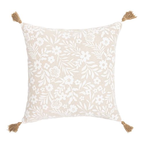 Coussin Polycoton Imprimé Floral à Pompons - 45x45 Cm - Naturel