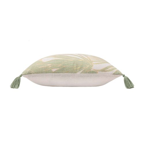 Coussin Polycoton Feuillages Tropicaux Métallisé à Pompons - 45x45 Cm - Vert