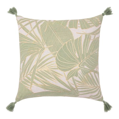 Coussin Polycoton Feuillages Tropicaux Métallisé à Pompons - 45x45 Cm - Vert