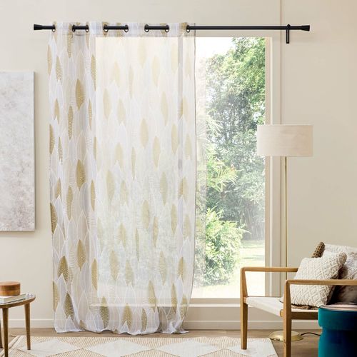 Voilage à Oeillets Grande Hauteur 140x280 Cm – Voile Sablé Imprimé Feuillage Kim