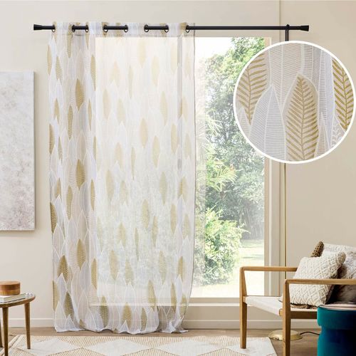 Voilage à Oeillets Grande Hauteur 140x280 Cm – Voile Sablé Imprimé Feuillage Kim