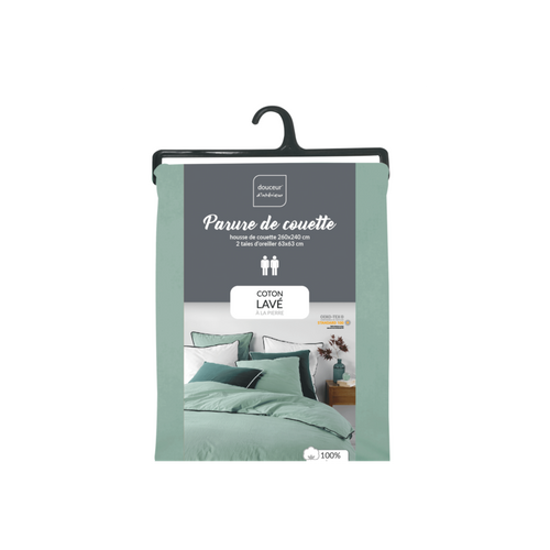Parure De Lit Coton Lavé Linette Vert D'eau 260x240