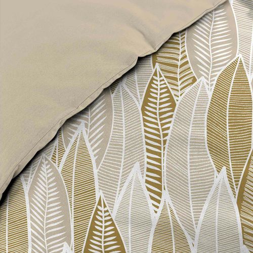 Parure De Lit 240x220 Cm + 2 Taies – Microfibre Imprimée Kim – Motif Feuillage Beige Et Or