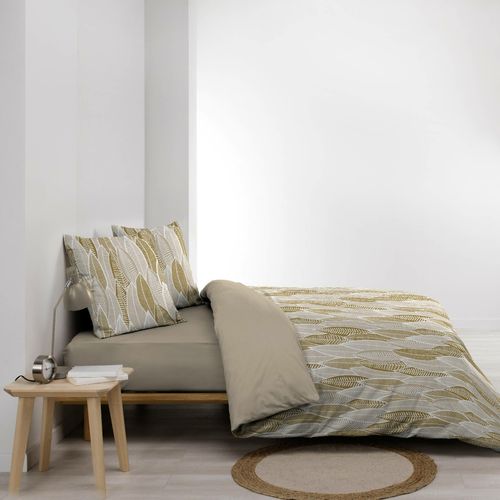 Parure De Lit 240x220 Cm + 2 Taies – Microfibre Imprimée Kim – Motif Feuillage Beige Et Or