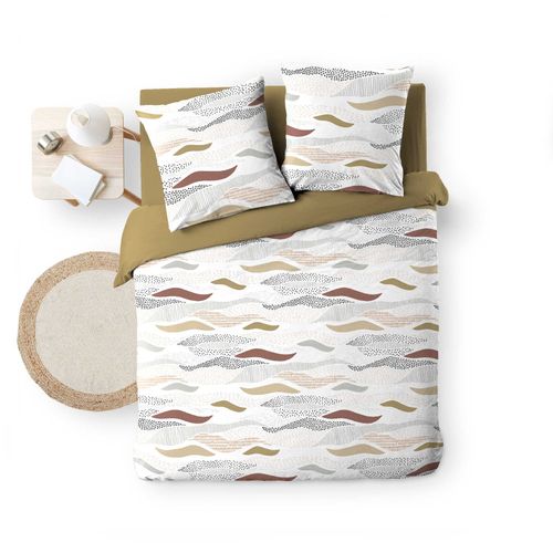 Parure De Lit 240x220 Cm + 2 Taies – Microfibre Imprimée Zenith – Motif Ondulé Tons Naturels