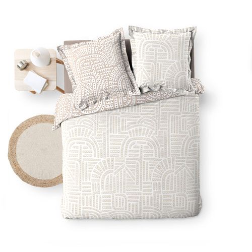Parure De Lit 240x220 Cm + 2 Taies – Percale 78 Fils – Eliot – Motif Beige Sur Fond Blanc