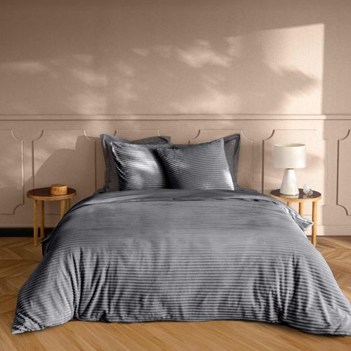 Parure De Lit En Flanelle Relief Unie Avec Fermeture Zippée - 240x220 Cm - Gris Anthracite