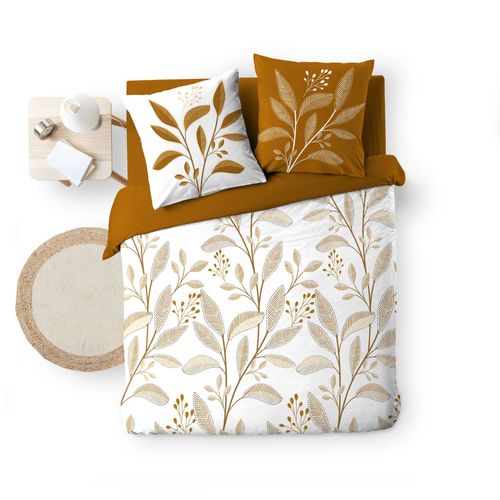 Parure De Lit 3 Pièces En Coton à Motif Feuilles Housse + Taies - 240x220 Cm - Blanc