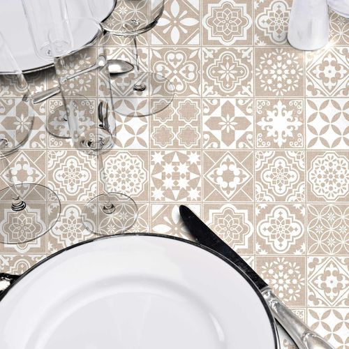 Nappe Ronde D.160 Cm Pvc Imprimé – Finition Biais – Carrella Blanc