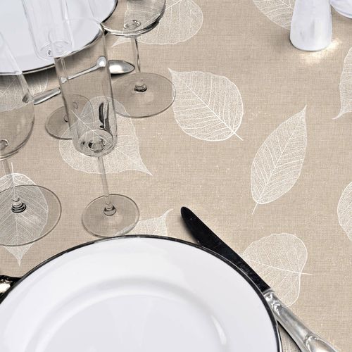 Nappe Ronde D.160 Cm Pvc Imprimé – Finition Biais – Feuillys Blanc