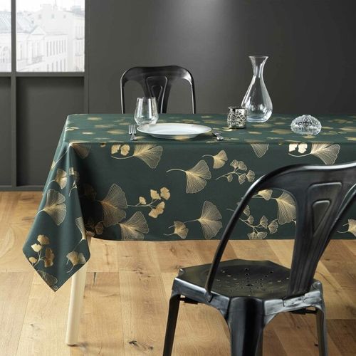 Nappe Imprimé Métallisé "bloomy" 150x300cm Vert et Or