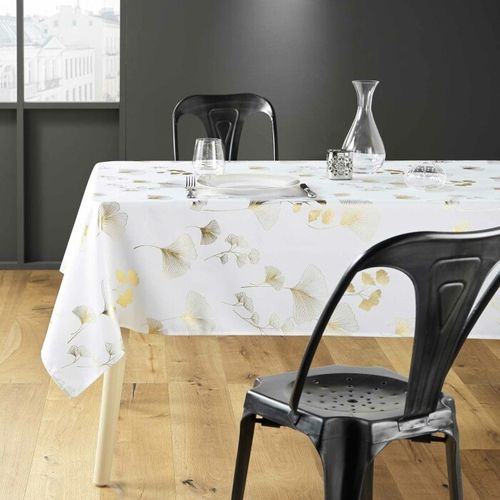 Nappe Imprimé Métallisé "bloomy" 150x300cm Blanc et Or
