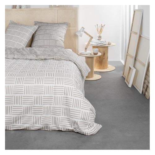 Parure De Lit 2 Personnes Imprimé Rayures Coton Sunshine Abiga Beige