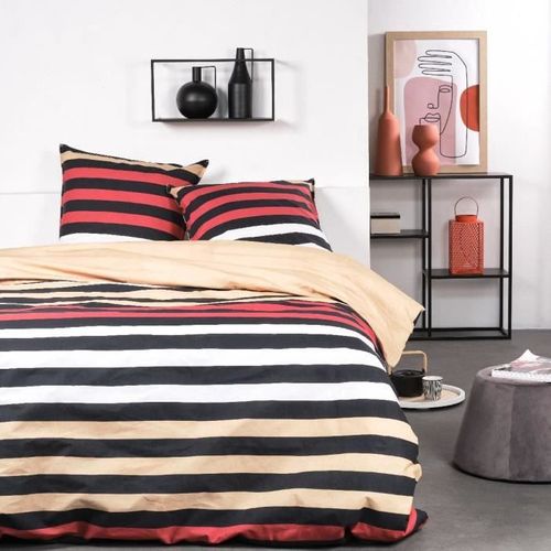 Parure De Lit - Sunshine - 240x260 Cm - 2 Personnes - Coton Imprimé Rayé