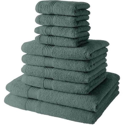 Lot De 4 Serviettes Invité + 4 Serviettes De Bain + 2 Draps De Bain Coton Uni Essential Vert