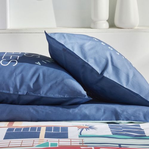 Parure De Lit - Java - 2 Personnes - 240x220 Cm - Coton - Imprimé Los Angeles - Bleu