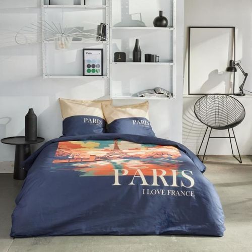 Parure De Lit - Java - 2 Personnes - 240x220 Cm - Coton - Imprimé Paris - Bleu