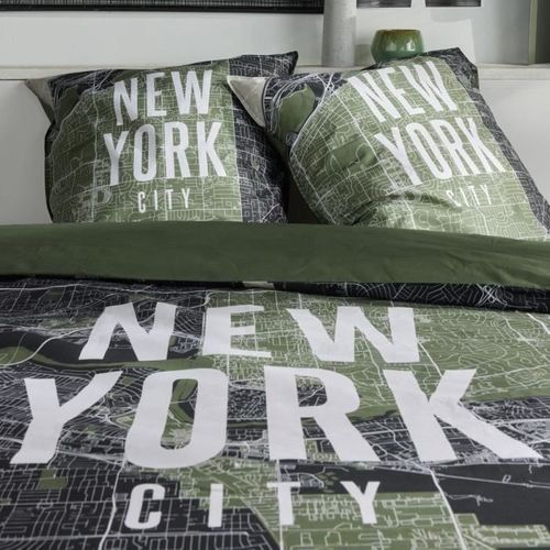 Parure De Lit - Java - 2 Personnes - 240x220 Cm - Coton - Imprimé New York - Vert