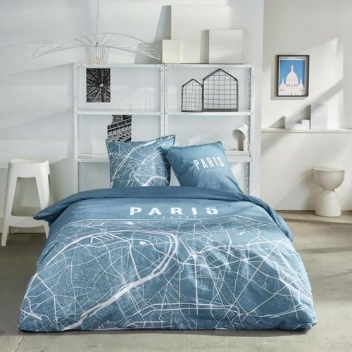 Parure De Lit - Java - 2 Personnes - 240x220 Cm - Coton - Imprimé Paris - Bleu