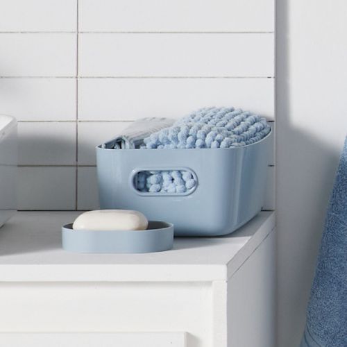 Set De Douche 3 Accessoires Rideau Tapis Panier Bathroom Bleu