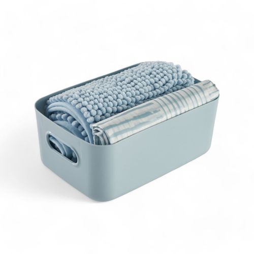 Set De Douche 3 Accessoires Rideau Tapis Panier Bathroom Bleu