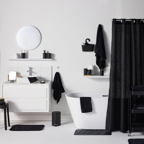 Set De Douche 3 Accessoires Rideau Tapis Panier Bathroom Noir