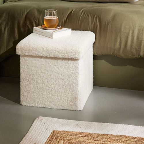 Pouf Coffre Carré En Tissu Bouclette Moka Blanc