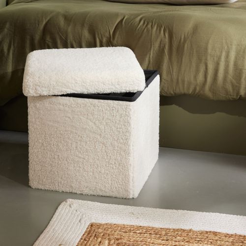 Pouf Coffre Carré En Tissu Bouclette Moka Blanc