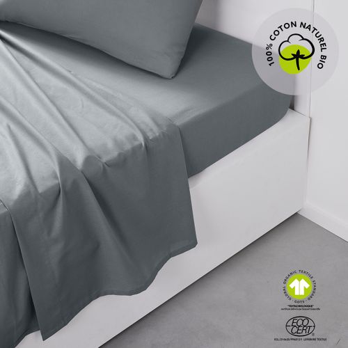 Drap Plat En Coton Bio "organic" - Gris Acier - 180 X 290 Cm