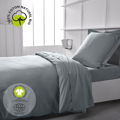 Drap Plat En Coton Bio "organic" - Gris Acier - 180 X 290 Cm