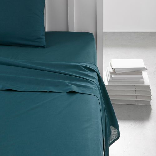 Drap Plat Lit Simple "organic" En Coton Bio - Bleu Paon - 180 X 290 Cm