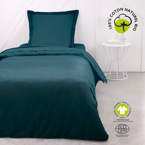 Drap Plat Lit Simple "organic" En Coton Bio - Bleu Paon - 180 X 290 Cm
