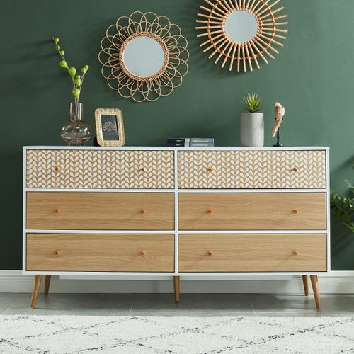 Commode Capucine Blanc Et Effet Chêne 6 Tiroirs 150cm