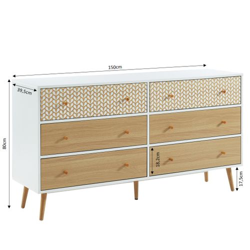 Commode Capucine Blanc Et Effet Chêne 6 Tiroirs 150cm