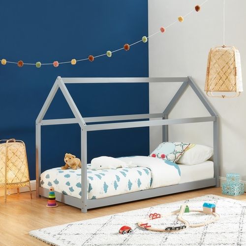 Lit Enfant Cabane Tiny Pin Gris 90x190 Sommier Inclus