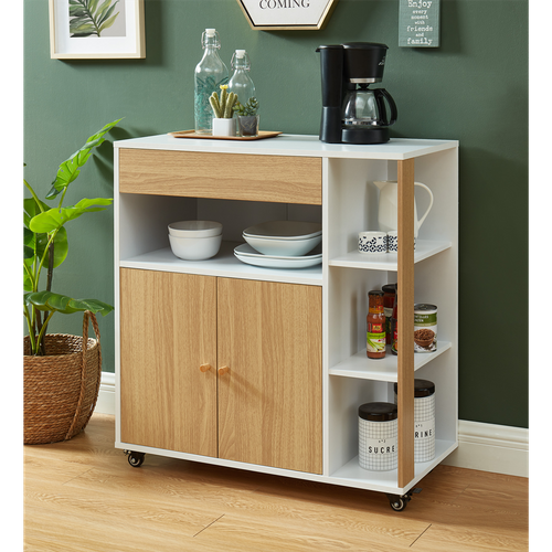 Desserte De Cuisine Max  Blanc Et Effet Chêne  80cm à Roulettes