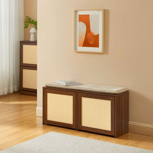 Banc à Chaussures Haria Effet Noyer Et Rotin