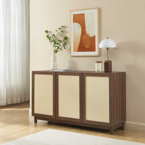 Buffet Haria Effet Noyer Et Rotin 3 Portes 140cm