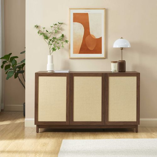Buffet Haria Effet Noyer Et Rotin 3 Portes 140cm